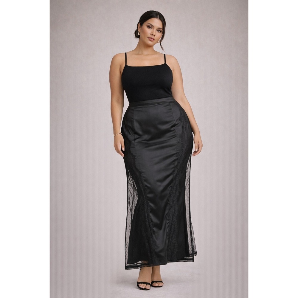 Fashion Nova Satin Lace Maxi Skirt XL‎ Black Sheer Side Panel Bodycon Elegant